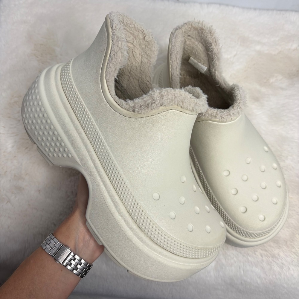 Crocs Stomp Lined Clog Bone Off White Platform Faux Fur W7 M5 Chunky Slip On